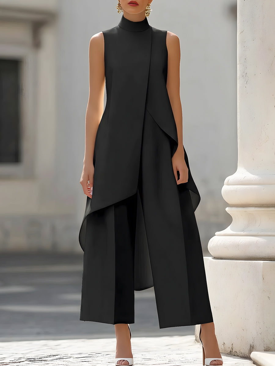 Ensemble Haut Asymétrique Sans Manches à Volants et Pantalon Large