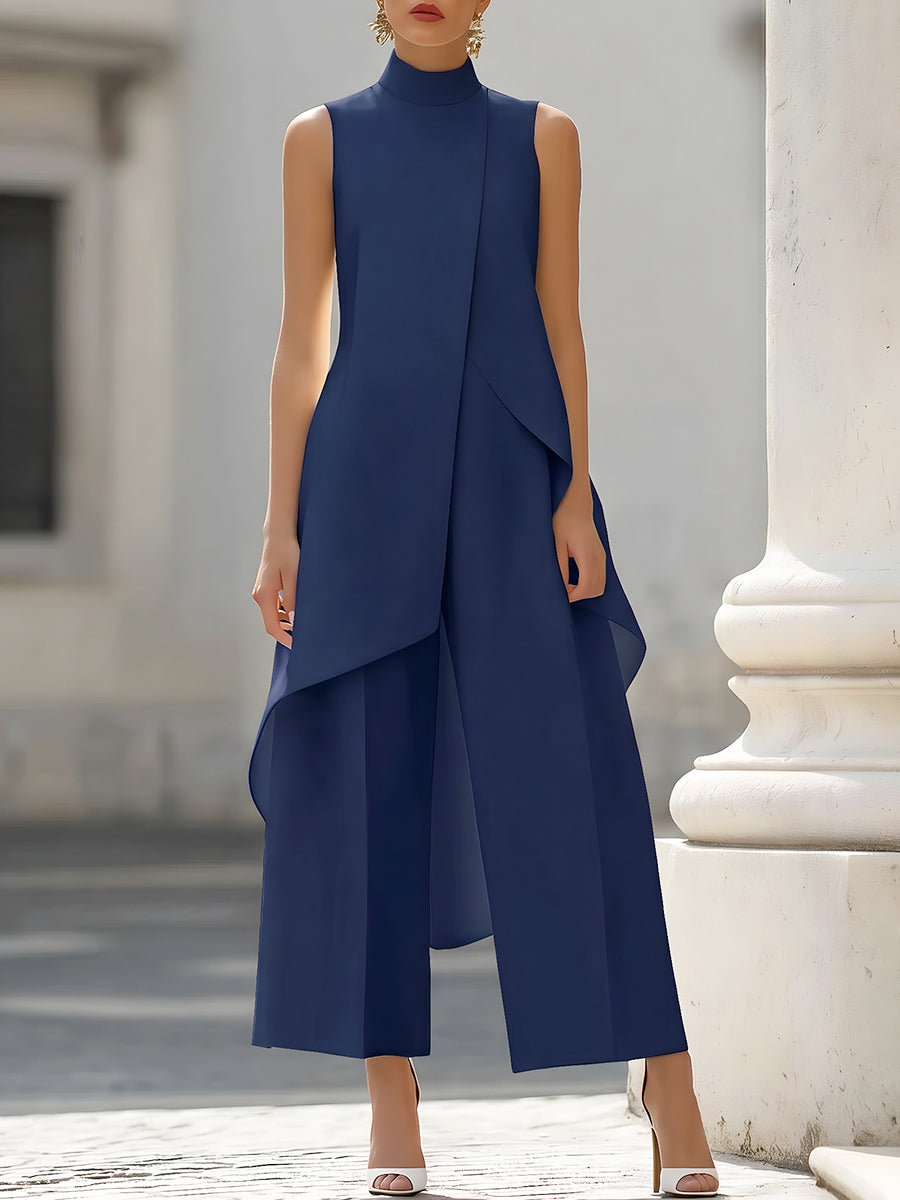 Ensemble Haut Asymétrique Sans Manches à Volants et Pantalon Large