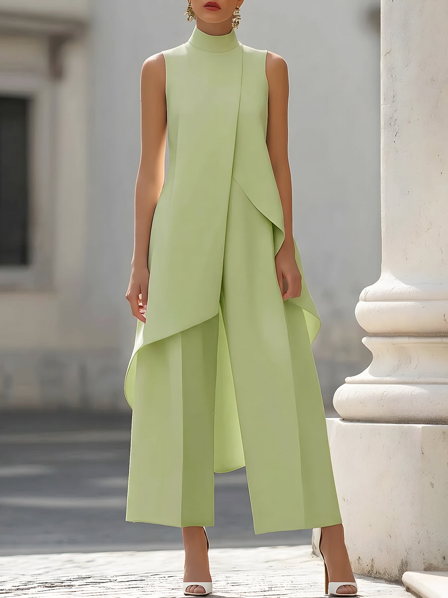 Ensemble Haut Asymétrique Sans Manches à Volants et Pantalon Large