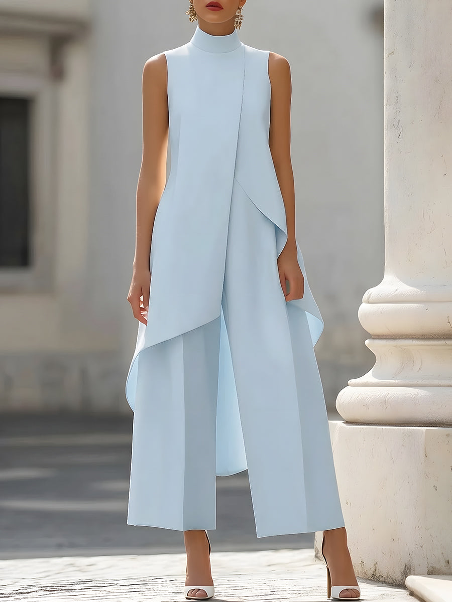 Ensemble Haut Asymétrique Sans Manches à Volants et Pantalon Large
