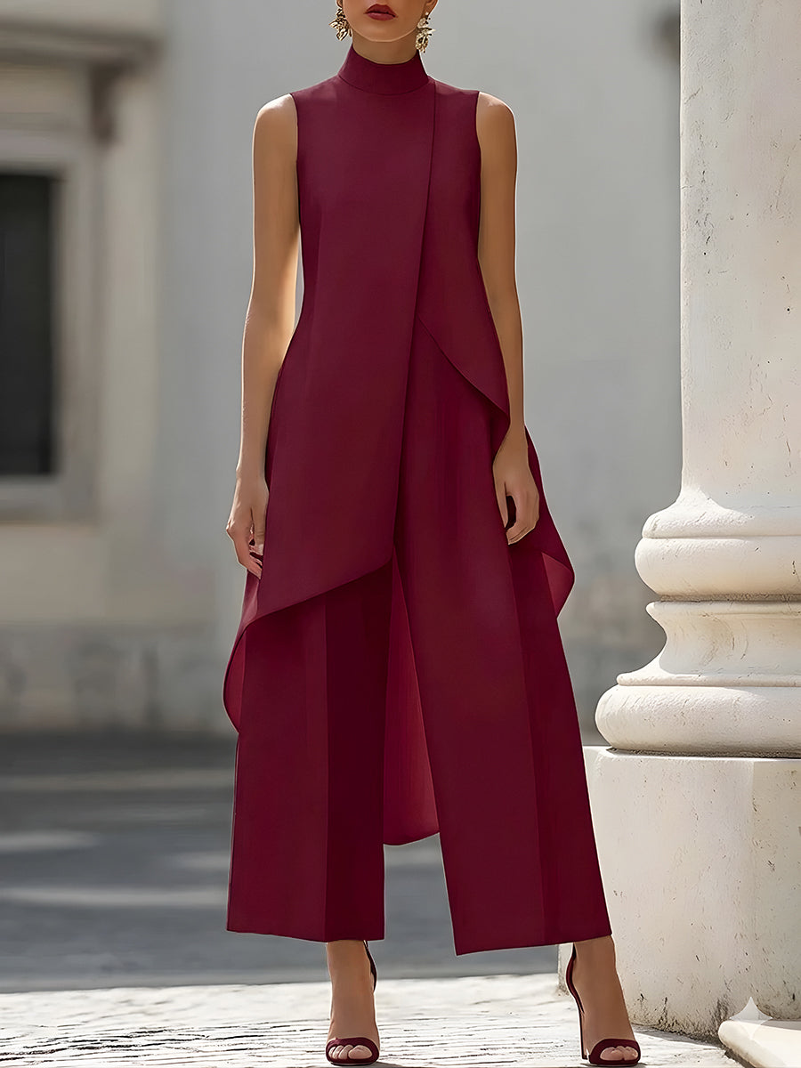 Ensemble Haut Asymétrique Sans Manches à Volants et Pantalon Large