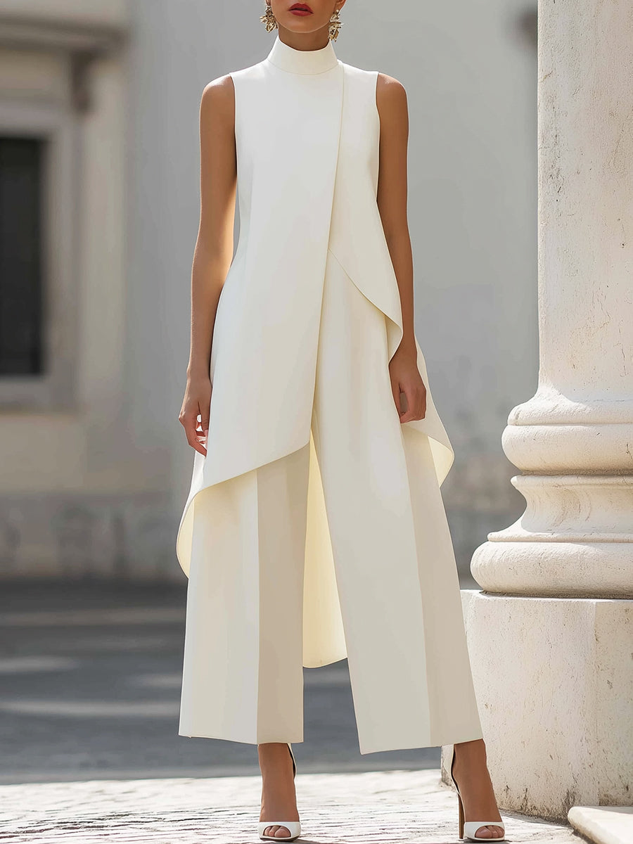 Ensemble Haut Asymétrique Sans Manches à Volants et Pantalon Large