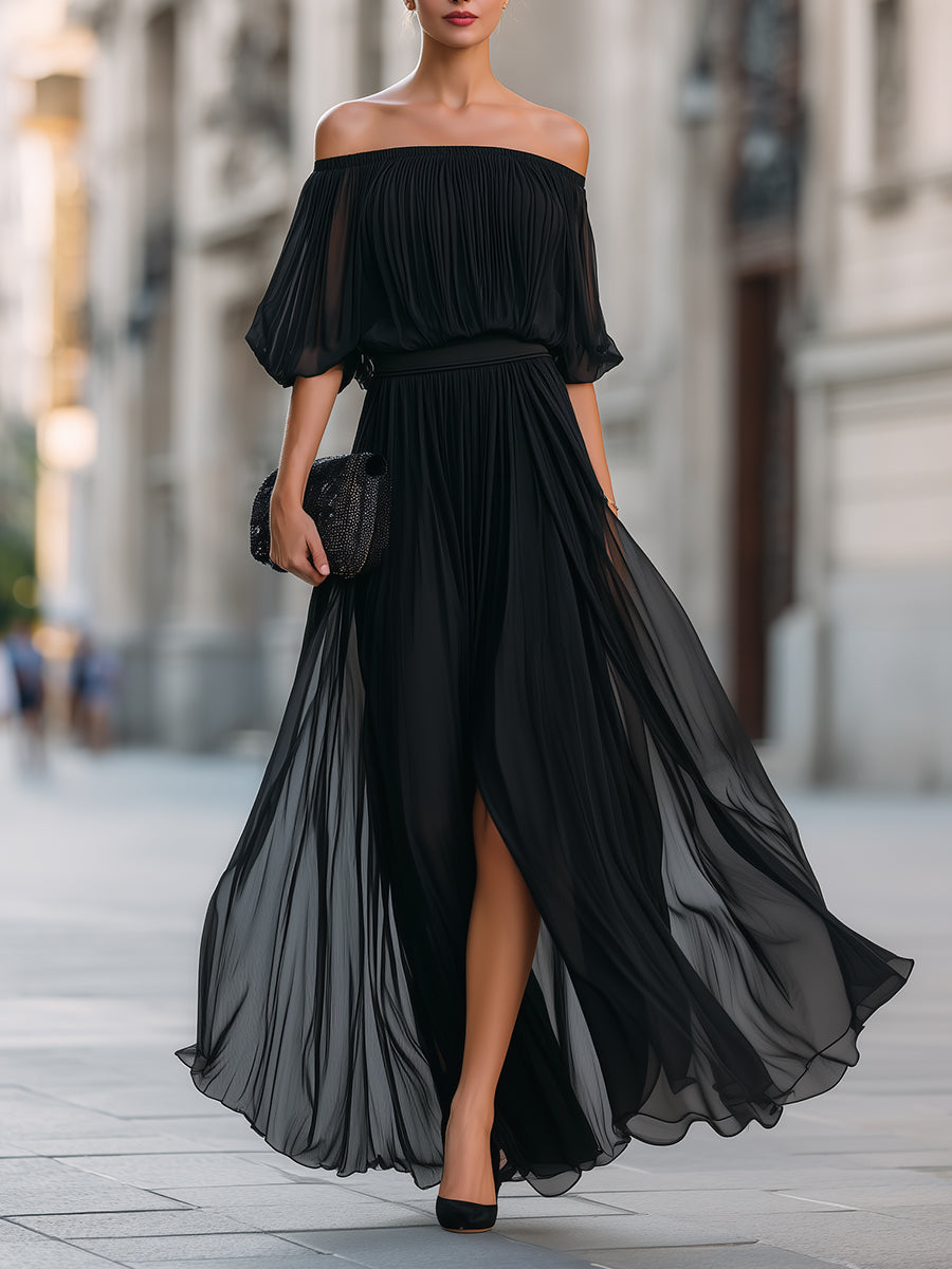 Robe Longue Plissée en Mousseline à Épaules Dénudées