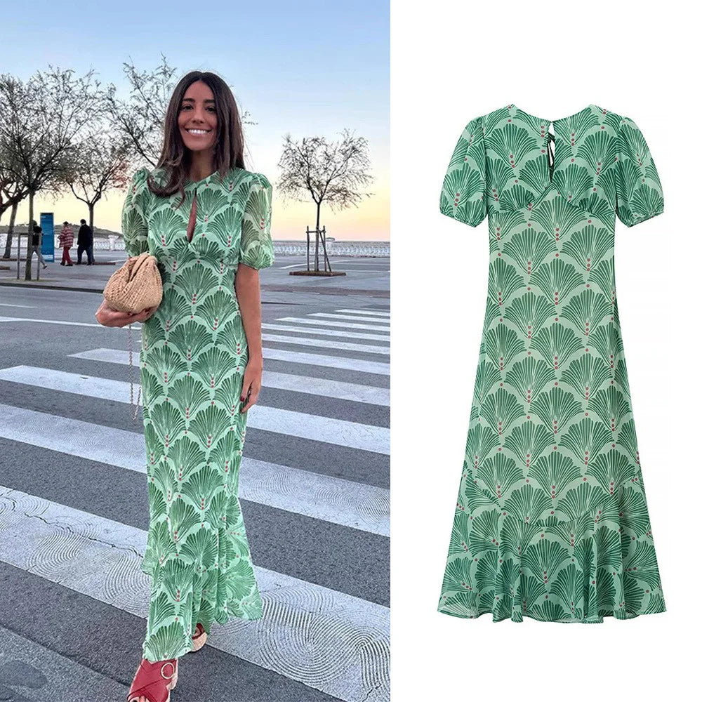 Robe Longue à Motif Éventail
