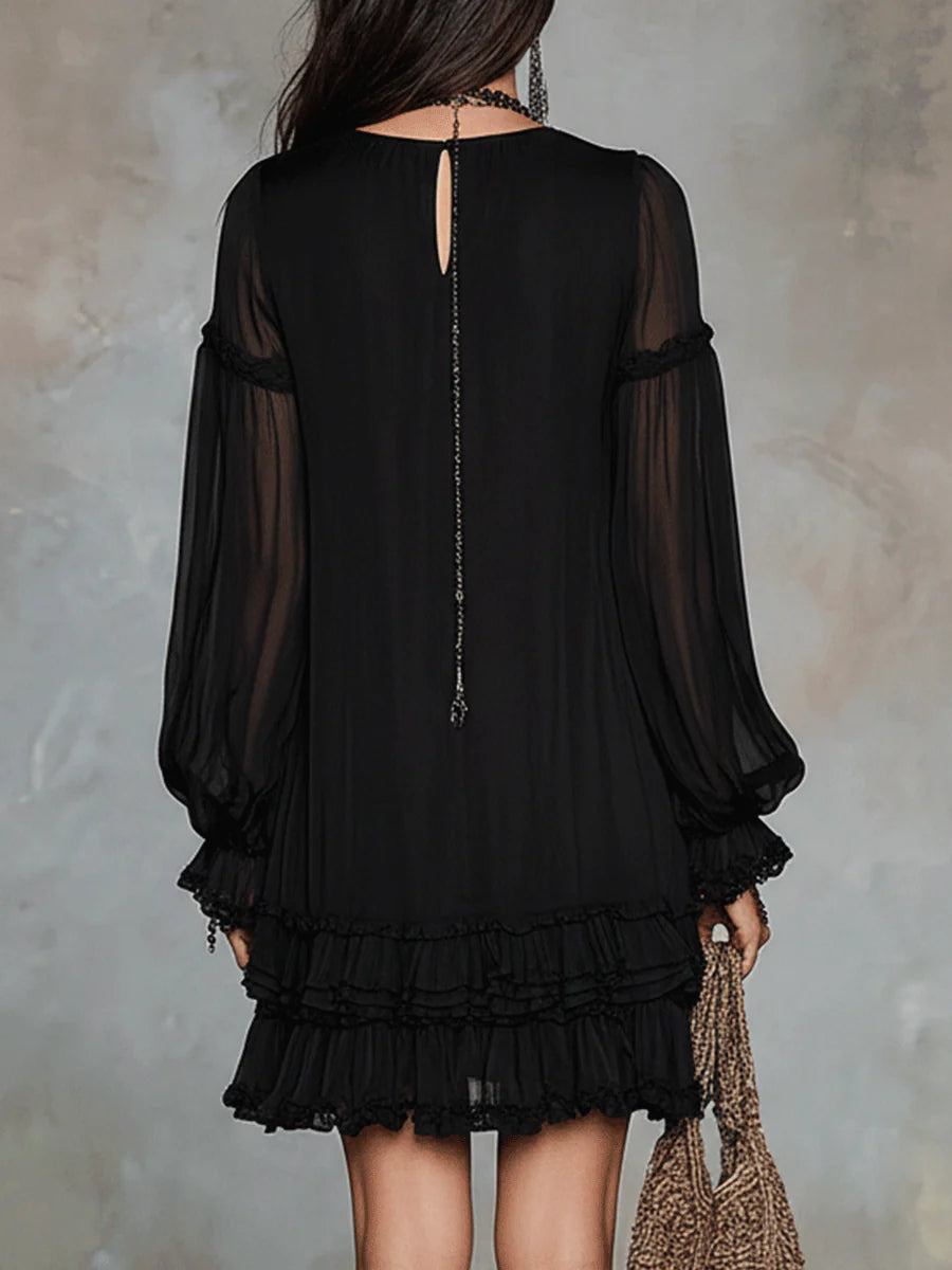 Robe Courte en Mousseline Noire à Col V