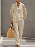 Lorena | Tailleur en coton et lin avec manches chauve-souris et pantalon à jambes larges.