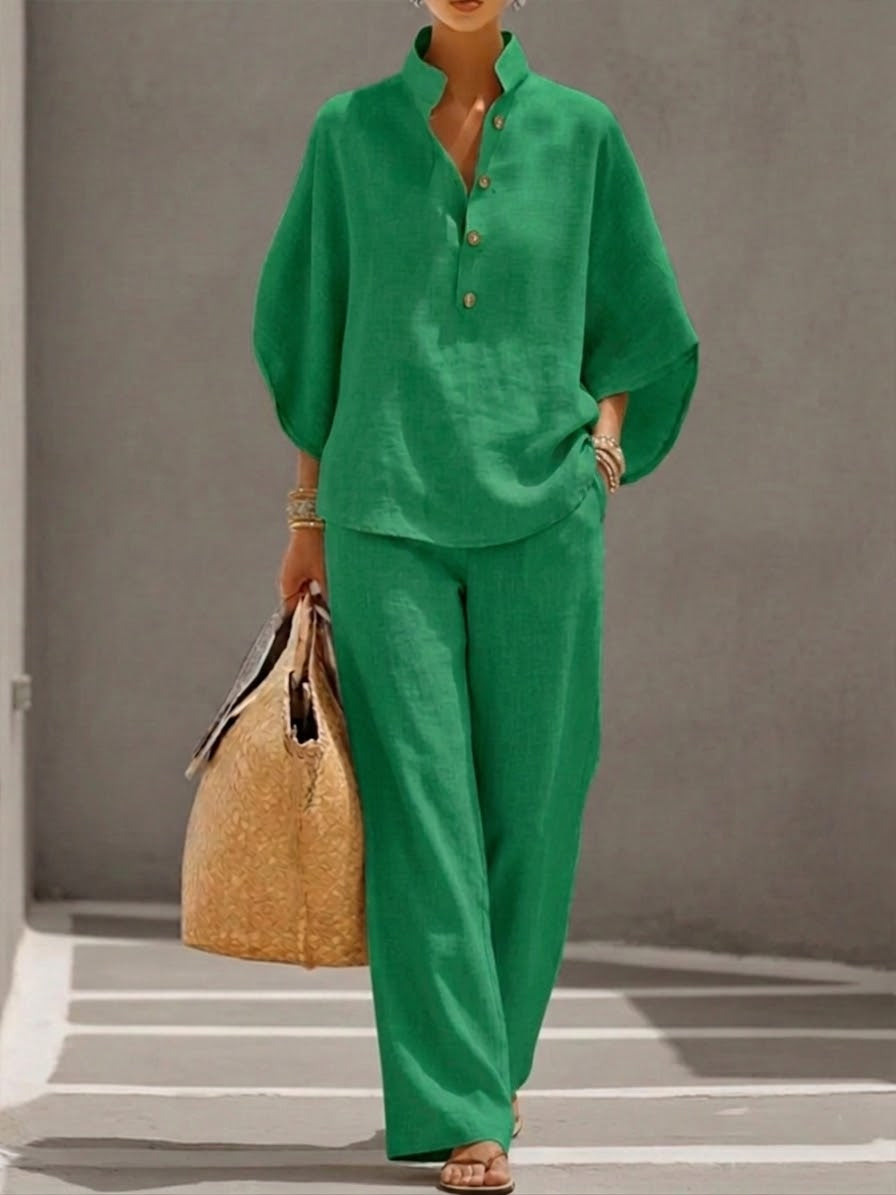 Lorena | Tailleur en coton et lin avec manches chauve-souris et pantalon à jambes larges.