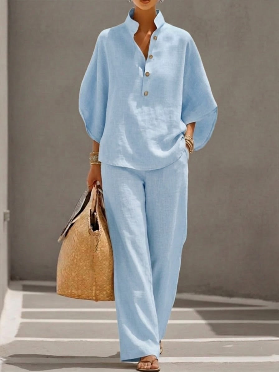 Lorena | Tailleur en coton et lin avec manches chauve-souris et pantalon à jambes larges.