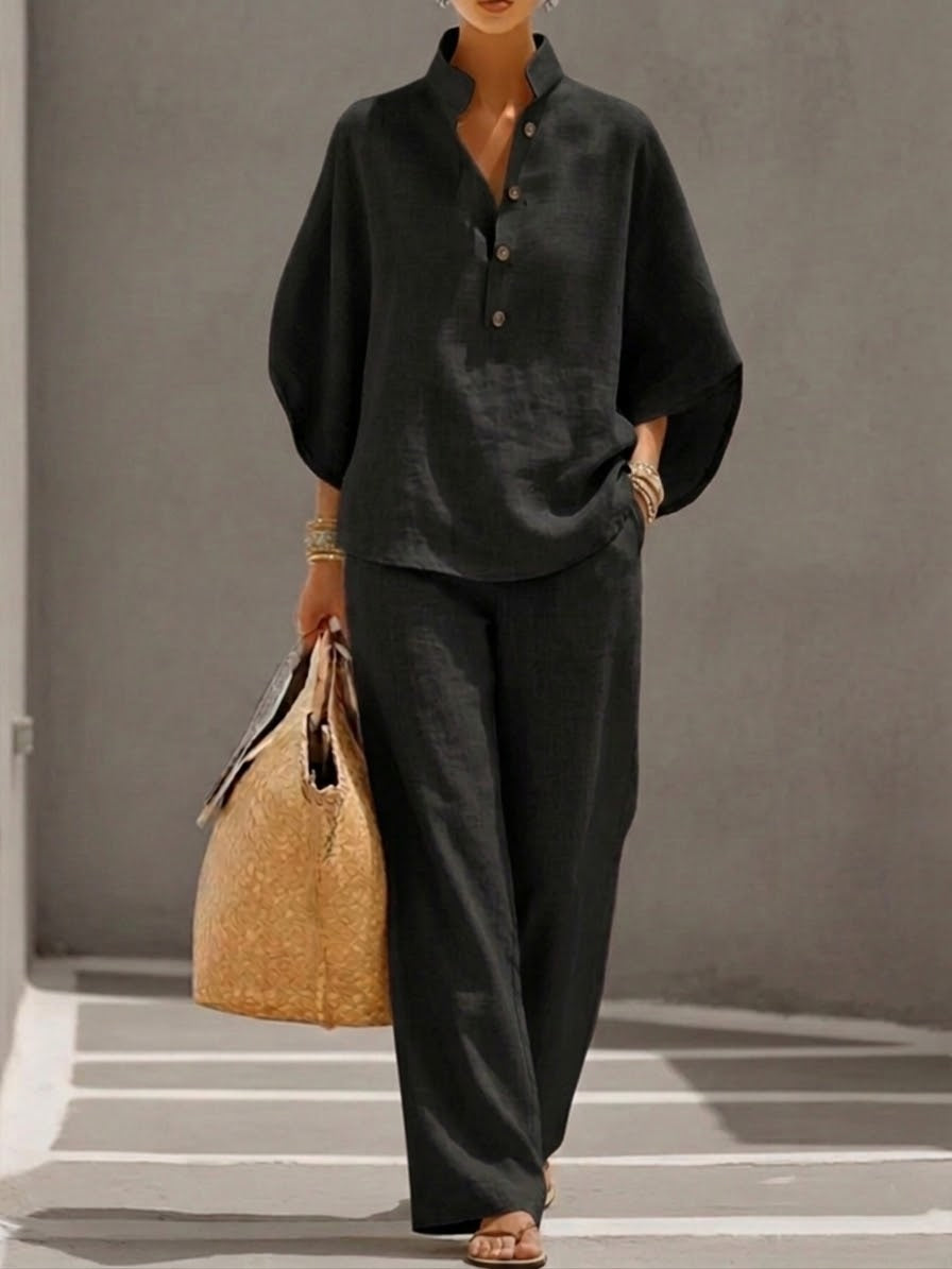 Lorena | Tailleur en coton et lin avec manches chauve-souris et pantalon à jambes larges.