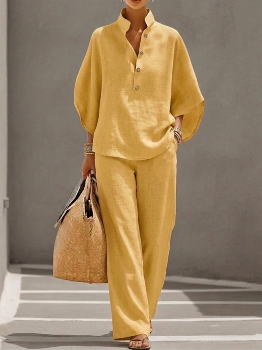 Lorena | Tailleur en coton et lin avec manches chauve-souris et pantalon à jambes larges.