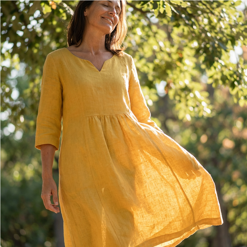 Robe décontractée à col en V en coton et lin