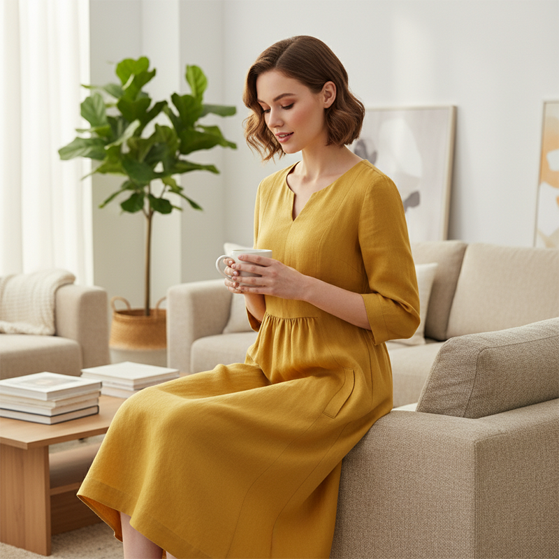 Robe décontractée à col en V en coton et lin